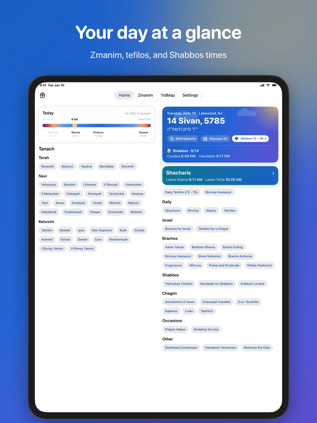 YidKit Home on iPad in two columns