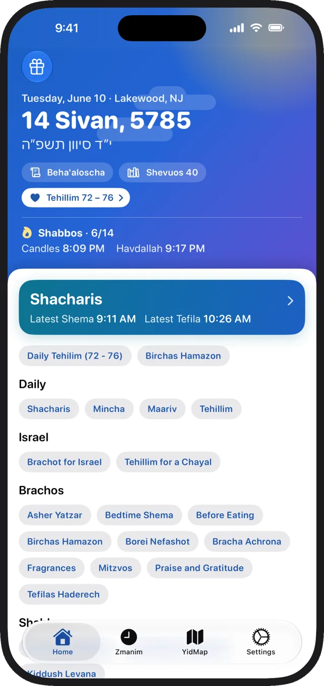 YidKit Home: 14 Sivan 5785 in Lakewood, with Shacharis latest times and Shabbos candle lighting