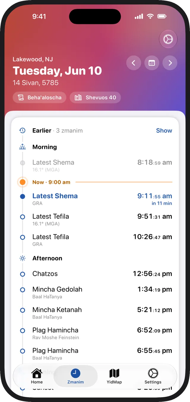 YidKit Zmanim screen listing today's times