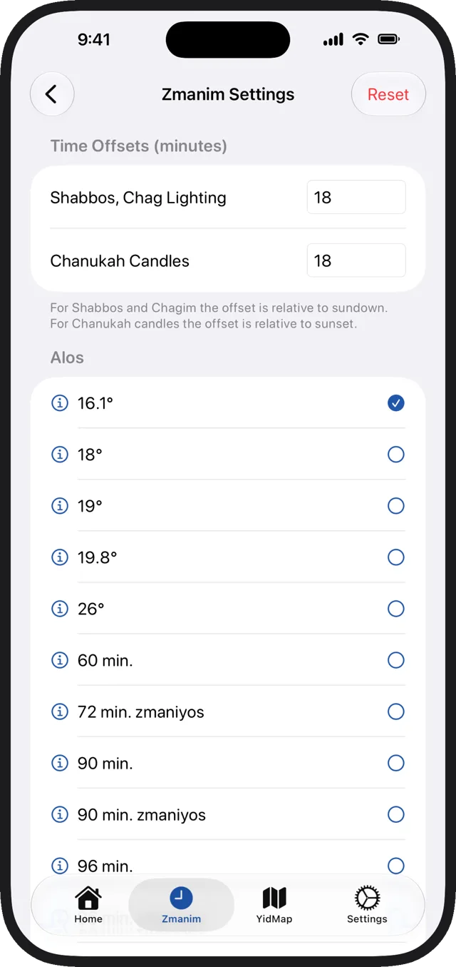 Zmanim settings with a choice of opinion for each zman